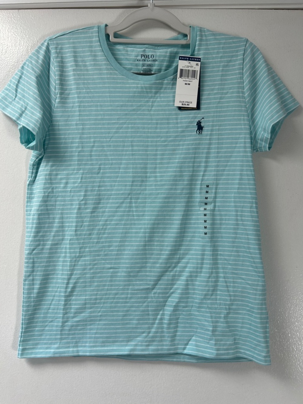 Ralph Lauren Mint Aqua & White Striped Crew Tee